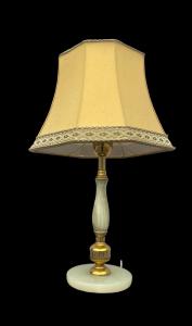 Brass lamp with tapered stem and alabaster base.