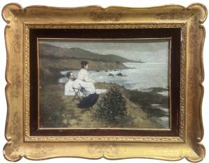 Francesco Gioli – Il pittore Gioli e la moglie sulla spiaggia di Castiglioncello – Olio su cartoncino, Macchiaioli