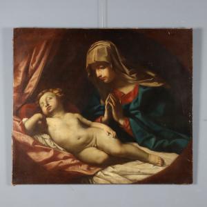 Dipinto Madonna in Adorazione del Bambino Dormiente Copia da Guido Reni