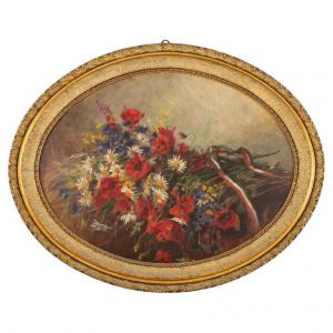 Ovales Gemälde mit Mohnblumen und Kornblumen - O/3652 -