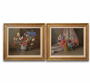 PAIRE DE TABLEAUX AVEC FLEURS VALENTINO GHIGLIA MILIEU DU XXE SIECLE