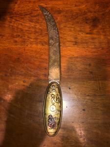 Bronze and copper letter opener with monkeys and compass. Japan.