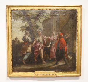 Olio su tela italiano del 1700 raffigurante personaggi all'aperto
