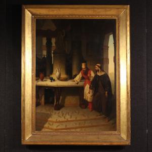 Grande quadro firmato Carlo De Notaris, il profeta Daniele svela a Ciro l’inganno dei sacerdoti di Baal