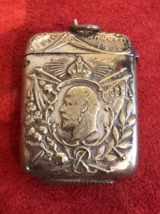 Silver matchbox with profile of King Edward VII and inscription 1901-crowned 1902. England.