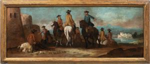Giuseppe Zais (Forno di Canale 1709 - Treviso 1784) - Paesaggio con corteo di cavalieri e fortezza.