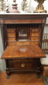 Milanese Empire walnut secretary desk with quartered veneer, lion feet, gold-highlighted drawers, white Carrara marble top. H160xD49xW105cm. Certificate of authenticity.