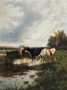 Pittore europeo (XIX secolo) - Paesaggio con bovini al guado.