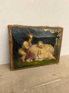 Antico dipinto olio su tela, putti festanti, XVII sec, 26x20cm