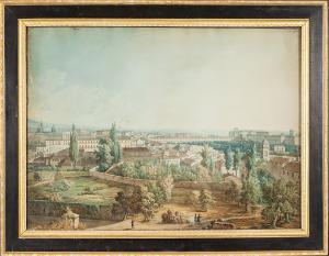 View of the Vatican, watercolor engraving in a beautiful contemporary carved, lacquered, and gilded wooden frame, 19th century