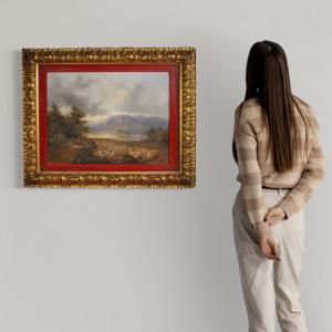 Italian landscape with wayfarers, oil on canvas dated 1845 - Foto 8