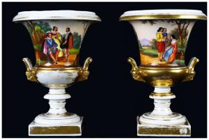 Pair of decorated French porcelain crater vases