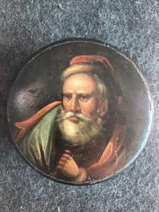 Scatola tabacchiera in papier mache’ dipinta con volto di uomo con barba.Olanda