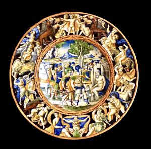Pair of Urbino-style majolica plates with figures on the rim and historiated decoration in the center. Molaroni Manufactory, Pesaro.