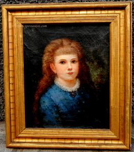 19th-century Austrian painter. Charming portrait of a bourgeois girl, adorned with a necklace with a Bohemian garnet pendant.