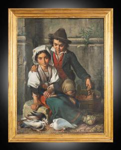 Dipinto antico olio su tela con cornice coeva Firmato"Tommaso De Vivo 1867 ".Napoli XIX secolo.