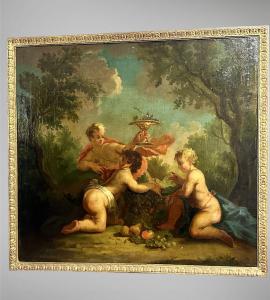 Dipinto, olio su tela "Festa di cherubini in un paesaggio" - XVIII sec. 