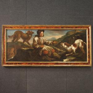 Antike Lombardische Gemälde des 17. Jahrhundert, der Schäfer mit seinen Hunden