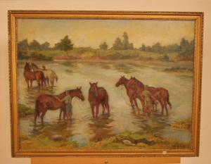 Antico quadro est europa del 1800 Olio su tela raffigurante "Soldati con cavalli"