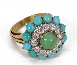 Anello in oro 18k con diamanti taglio brillante (1.2 ct circa) e turchesi. Anni 60