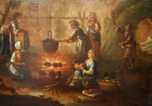 Olio su tela del 1700 italiano Focolare all'aperto con personaggi