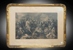 Stampa antica Napoleone III con cornice finemente intagliata e dorata.Periodo XIX secolo