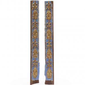 Coppia Fregi 1700 Legno Intagliato Laccato Azzurro e Oro Fino