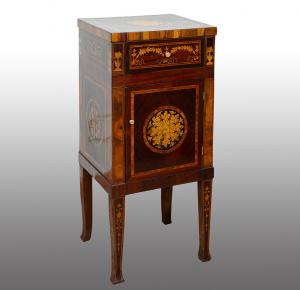 Antique Lombard Louis XVI nightstand in precious exotic woods, from the second half of the 18th century.