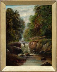 Pittore britannico (XIX-XX secolo) - Paesaggio boscoso con cascata, pastorella e gregge. 