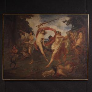 Quadro mitologico firmato Vera Willoughby e datato 1911, baccanale.