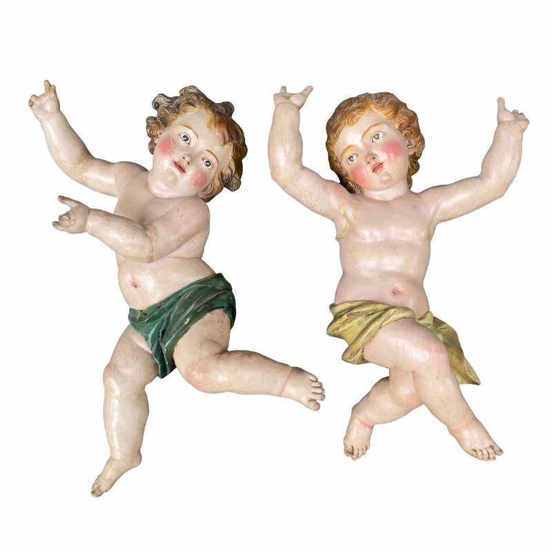 Pair of Baroque Putti in Lacquered Wood, 17th Century