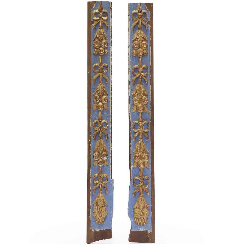 Pair of Italian Friezes 18th Century Blue Painted Carved Gilwood Wall Decorative Panels