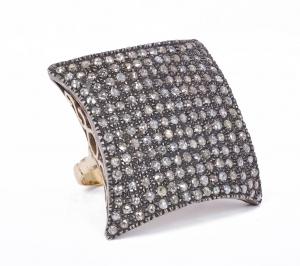 Antique 18k gold and silver ring with diamond rosettes, 1940s