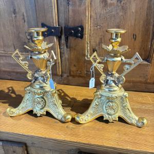 Antica coppia di candelabri oro Zechino L. Filippo epoca 1850 circa . MIS h 23 . Base cm 18 x cm 18 