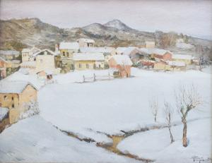  Celso Tempia, olio su tavola, "Paesaggio innevato", 1941, firmato,  Celso Tempia, oil on panel, "Snowy Landscape," 1941, signed