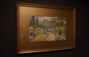 Englische Aquarellmalerei aus dem 19. Jahrhundert, Landschaft "Garten" mit See und Bergen