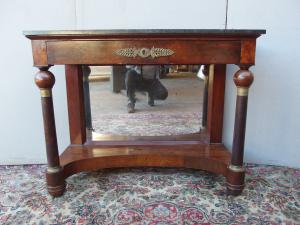 CONSOLE STILE IMPERO CON COLONNE EPOCA 800 IN PIUMA DI MOGANO  cm L P114xP47xH89
