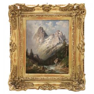 Pintura a óleo sobre compensado, paisagem de montanha, assinada e datada