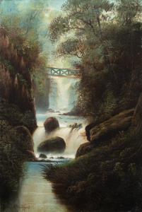 S.W. Clifford (British, fine XIX sec.) - Paesaggio boschivo con cascata.