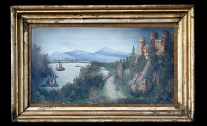 Three-dimensional perspective-diorama painting within a frame, depicting a landscape with architecture, boats, and figures.