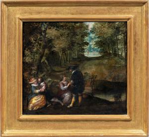 Lodewijk Toeput, detto Ludovico Pozzoserrato (Anversa o Malines 1550 - Treviso 1604 o 1605) - Incontro fra dame e cavalieri in un paesaggio.