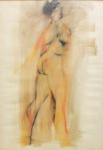 Tecnica mista su carta, “Nudo femminile", di Giuseppe Ajmone, firmato e datato ‘55, Mixed media on paper, "Female nude", byGiuseppe Ajmone, signed and dated '55