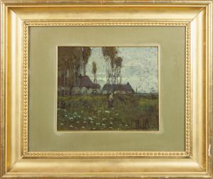 Giuseppe Sacheri, Bauernhaus mit Schäferin, Öl signiert unten rechts