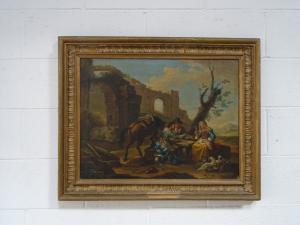 Dipinto olio su tela Paolo Monaldi metà 1700 Roma "Scena di paesaggio romano con rovine"