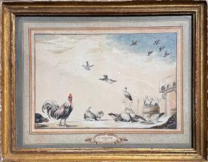 NICOLAAS STRUYCK (AMSTERDÃO 1686-1769) Eira com galo, pombos e andorinhas
