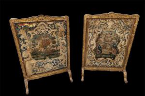 Fire screens in gilded wood and embroidered fabric