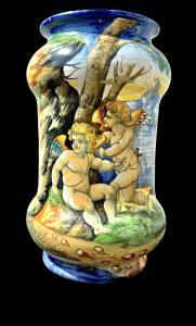 Maiolica albarello with historiated decoration, Urbino style. Cantagalli, Florence.