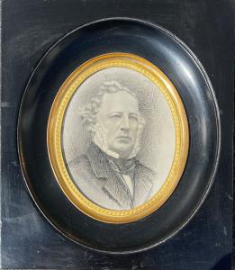 Miniatura disegno a matita di figura maschile con cornice ebanizzata.