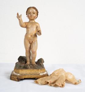 Antike polychrome Holzskulptur, die das segnende Jesuskind darstellt. Neapel, 18. Jahrhundert.