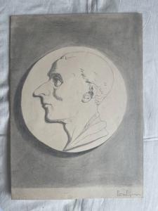 Desenho a lápis sobre papel com perfil de figura masculina. Assinatura F.Pietra.
